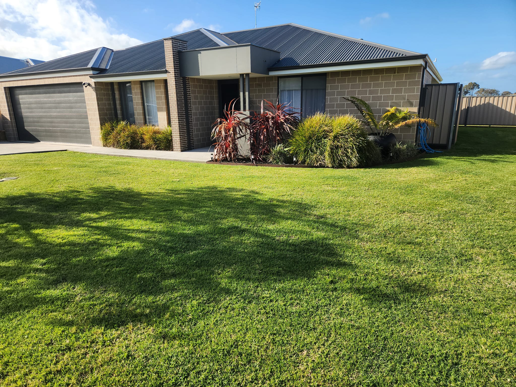 A lush green lawn with trees and shrubbery in a suburban backyard, featuring a house with large windows and a deck.