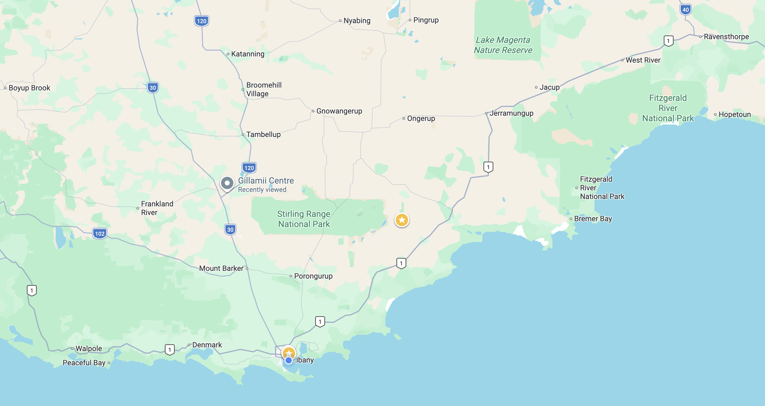 Map showing a region in New York with towns such as Albany, Boyup Brook, and Gillingham Center, and natural parks like Stirling Range National Park and Fitzgerald River National Park.